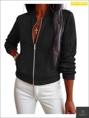 Women's Cable Knit Bomber Jacket Argyle Stand Collar Zip Up Crop Coat